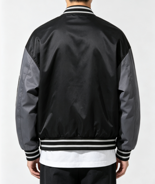 Custom Men's Nylon Oversized Varsity Jacket Washed Black - view 2 Custom Men's Nylon Oversized Varsity Jacket Washed Black - view 2