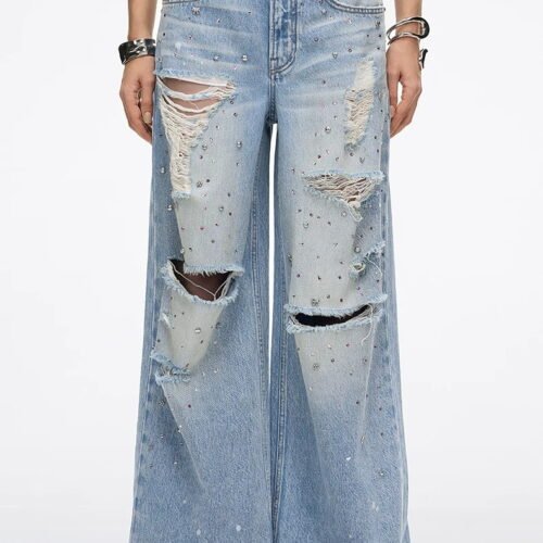 Custom Women's Organic Cotton Stone Washed Wide-Leg Blue Jeans - Style 4837F1
