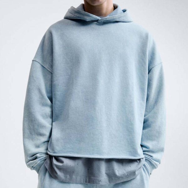 Custom Men's Performance Poly Streetwear Cropped Pullover Hoodie Washed Blue
