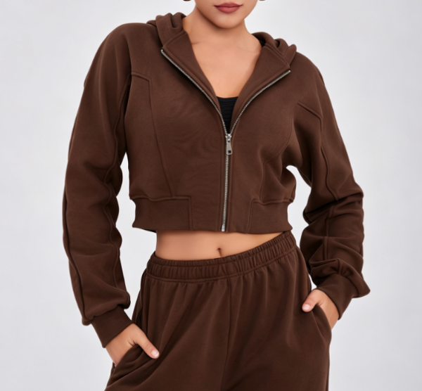 Custom Women's 500 GSM Heavyweight Logo Cropped Zip-Up Hoodie Chocolate Brown