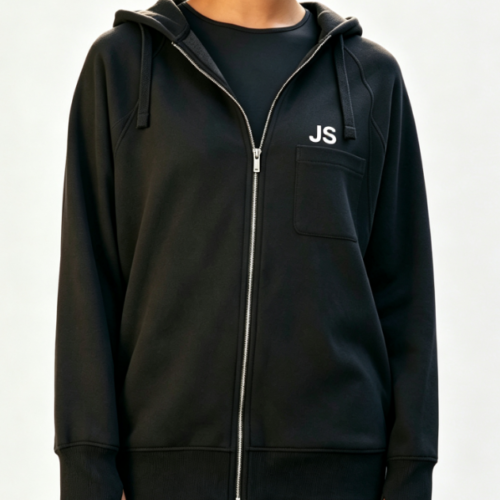 Custom Women's 500 GSM Heavyweight Printed Longline Zip-Up Hoodie Black