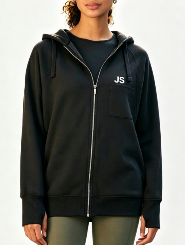 Custom Women's 500 GSM Heavyweight Printed Longline Zip-Up Hoodie Black