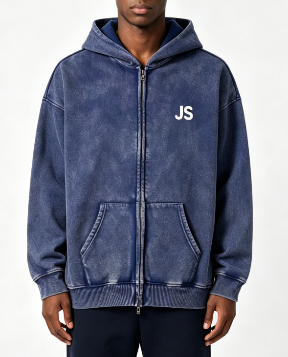 Custom Men's 400 GSM French Terry Sublimated Oversized Zip-Up Hoodie Washed Blue Custom Men's 400 GSM French Terry Sublimated Oversized Zip-Up Hoodie Washed Blue