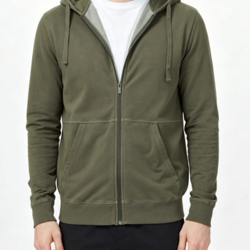 Custom Men's 400 GSM French Terry Longline Zip-Up Hoodie Army Green Custom Men's 400 GSM French Terry Longline Zip-Up Hoodie Army Green