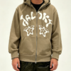 Custom Men's 500 GSM Heavyweight Puff Print Oversized Zip-Up Hoodie Khaki Custom Men's 500 GSM Heavyweight Puff Print Oversized Zip-Up Hoodie Khaki