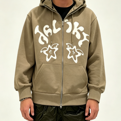 Custom Men's 500 GSM Heavyweight Puff Print Oversized Zip-Up Hoodie Khaki