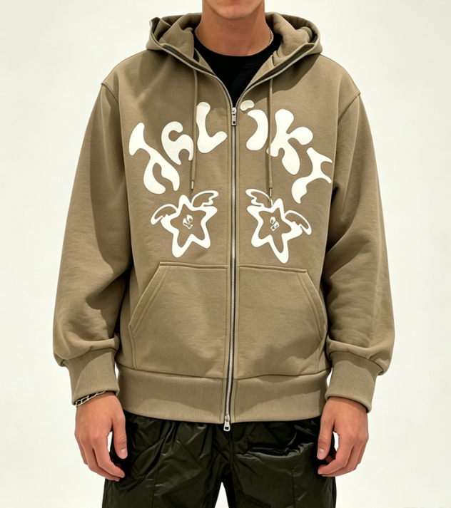 Custom Men's 500 GSM Heavyweight Puff Print Oversized Zip-Up Hoodie Khaki