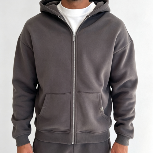Custom Men's 500 GSM Heavyweight Longline Zip-Up Hoodie Charcoal
