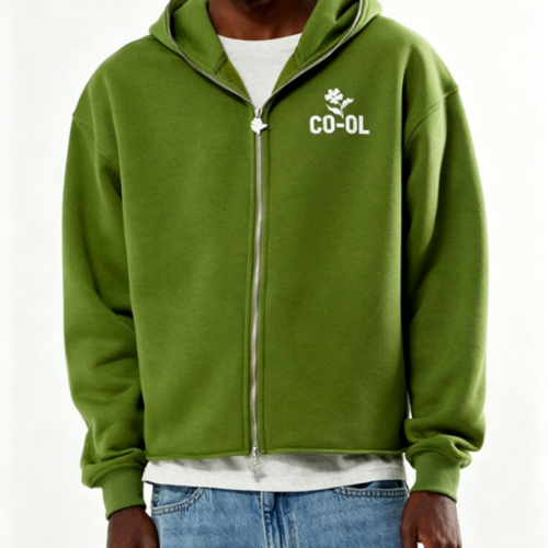 Custom Men's Performance Poly Screen Printed Cropped Zip-Up Hoodie Olive