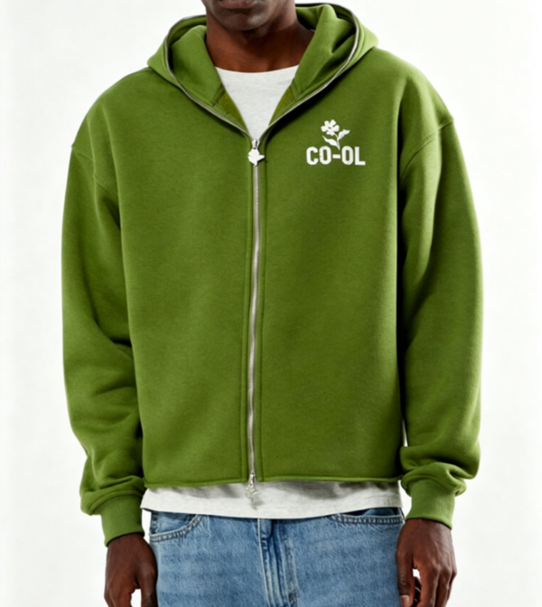 Custom Men's Performance Poly Screen Printed Cropped Zip-Up Hoodie Olive