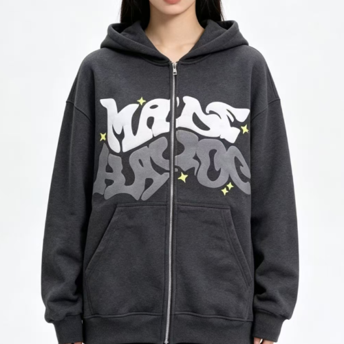 Custom Women's 400 GSM French Terry Puff Print Oversized Zip-Up Hoodie Charcoal Custom Women's 400 GSM French Terry Puff Print Oversized Zip-Up Hoodie Charcoal
