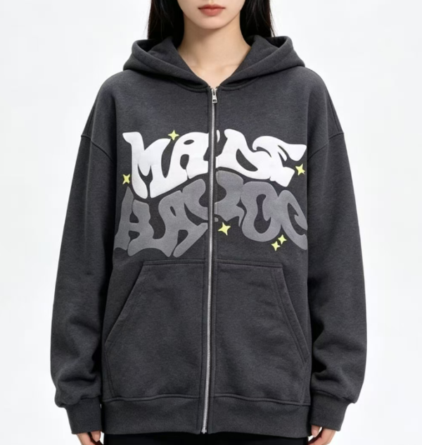 Custom Women's 400 GSM French Terry Puff Print Oversized Zip-Up Hoodie Charcoal
