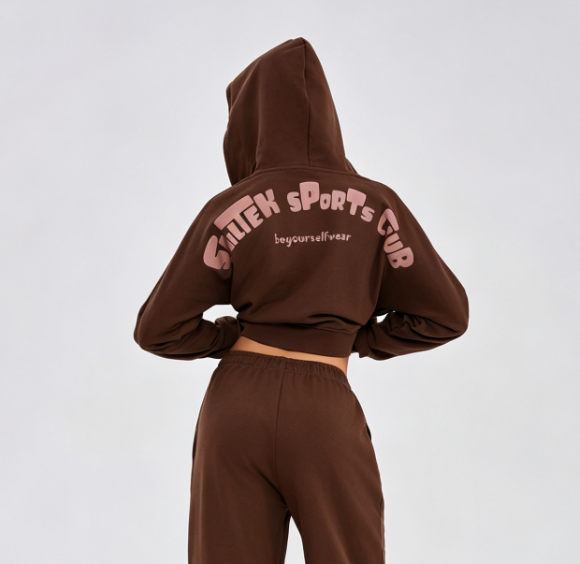Custom Women's 500 GSM Heavyweight Logo Cropped Zip-Up Hoodie Chocolate Brown - view 2