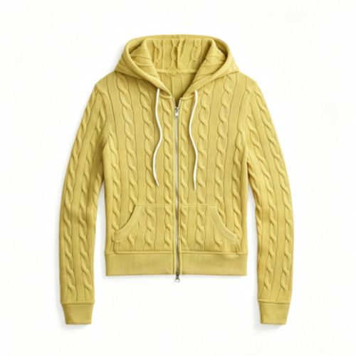 Custom Women's Lambswool Cable-Knit Button-Up Mustard Cardigan