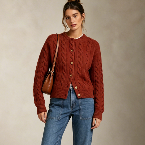 Custom Women's Lambswool Cable-Knit Button-Up Rust Cardigan