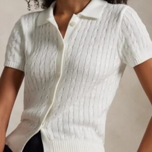 Custom Women's Cotton Blend Cable-Knit Short-Sleeve Button-Up Cardigan