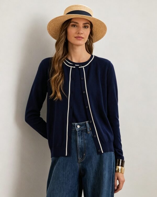 Custom Women's Wool Blend Ribbed Crew-Neck Two-Piece Cardigan