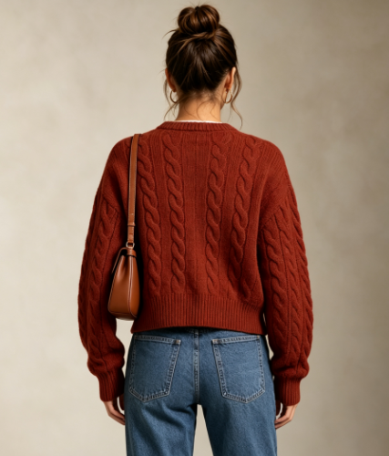 Custom Women's Lambswool Cable-Knit Button-Up Rust Cardigan - view 2 Custom Women's Lambswool Cable-Knit Button-Up Rust Cardigan - view 2