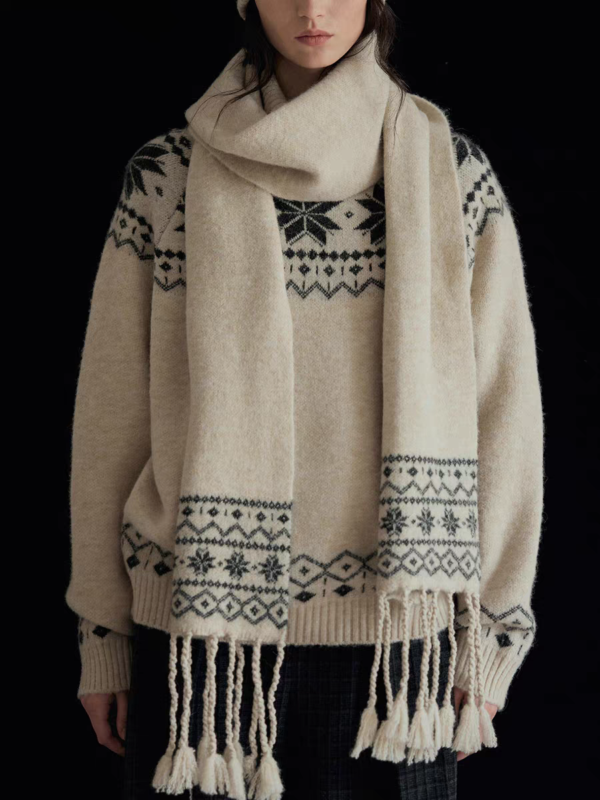 Custom Women's Merino Wool Jacquard Scarf-Neck Cream Cardigan - view 2 Custom Women's Merino Wool Jacquard Scarf-Neck Cream Cardigan - view 2