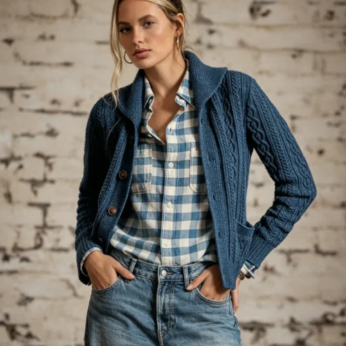 Custom Women's Merino Wool Cable-Knit Button-Up Cropped Washed Blue Cardigan