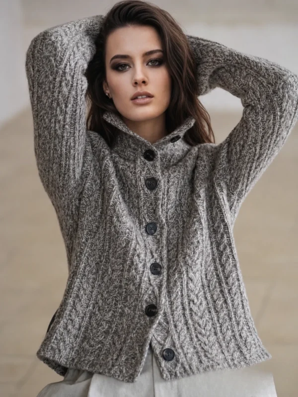 Custom Women's Lambswool Cable-Knit Button-Up Grey Cardigan