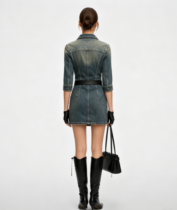 Custom Women's Organic Cotton Distressed Blue Denim Dress - view 2 Custom Women's Organic Cotton Distressed Blue Denim Dress - view 2