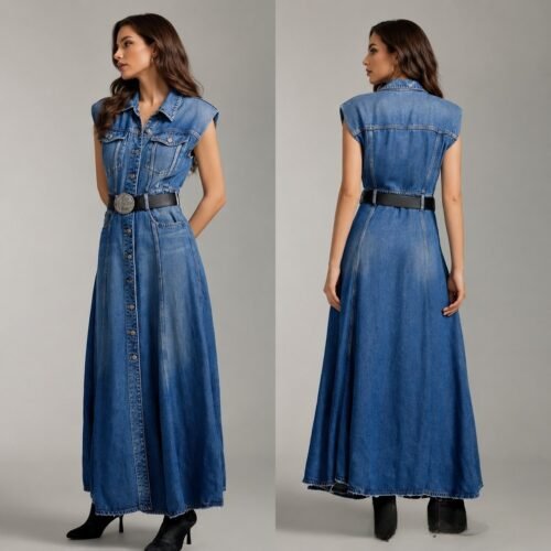 Custom Women's Stone-Washed Fitted Blue Denim Dress