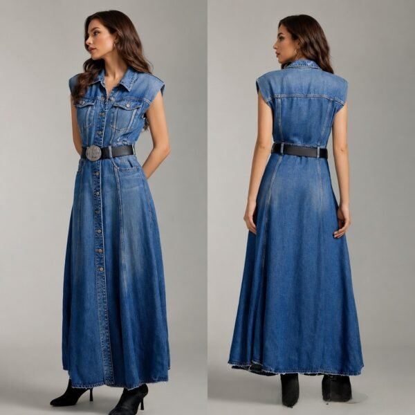 Custom Women's Stone-Washed Fitted Blue Denim Dress