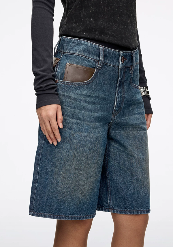 Custom Women's Organic Cotton Stone-Washed Bermuda Baggy Blue Denim Shorts - view 2 Custom Women's Organic Cotton Stone-Washed Bermuda Baggy Blue Denim Shorts - view 2