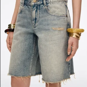 Custom Women's Organic Cotton Distressed Bermuda Baggy Blue Denim Shorts