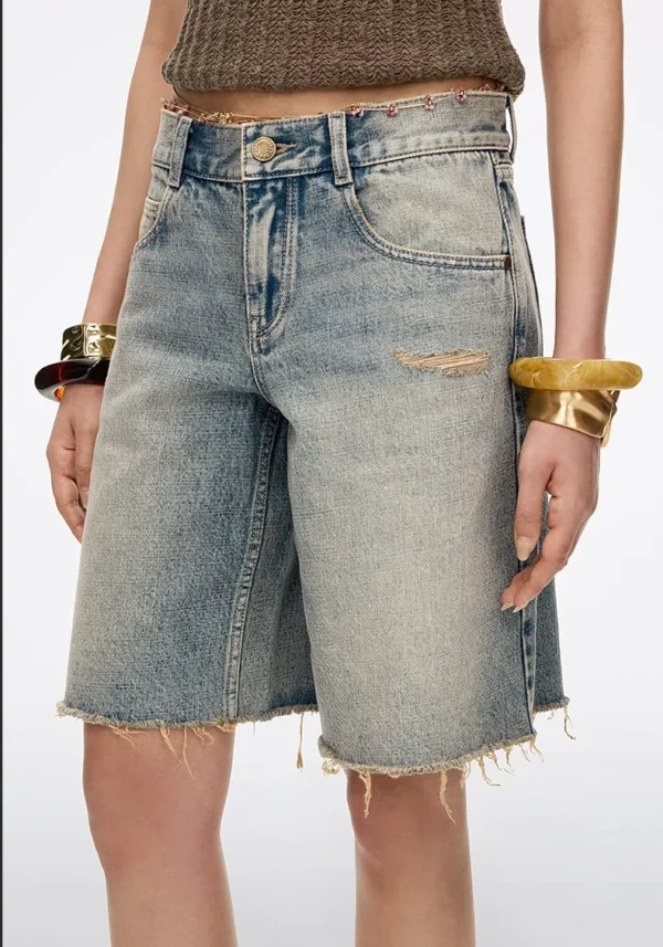 Custom Women's Organic Cotton Distressed Bermuda Baggy Blue Denim Shorts