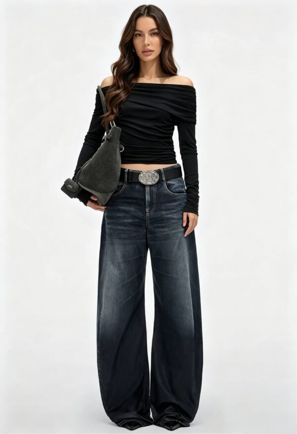 Custom Women's Organic Cotton Stone-Washed Baggy Navy Jeans