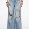 Custom Women's Selvedge Denim Stone-Washed Rhinestones Baggy Blue Jeans