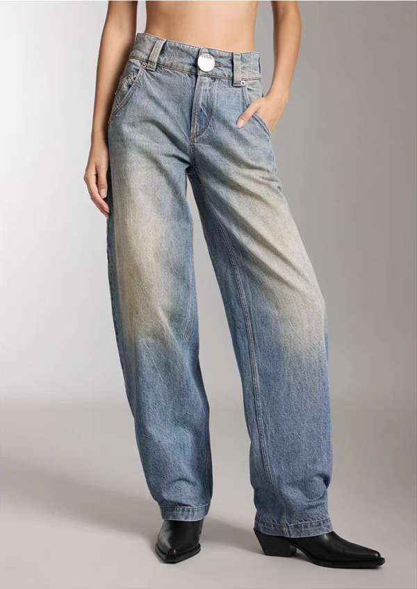 Custom Women's Organic Cotton Distressed Curved Leg Washed Blue Jeans - view 3