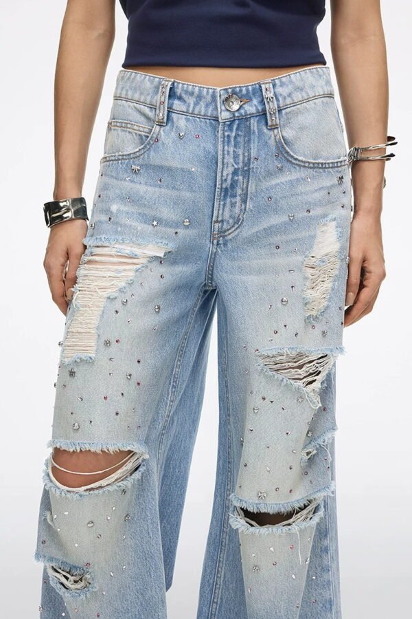 Custom Women's Selvedge Denim Stone-Washed Rhinestones Baggy Blue Jeans - view 3