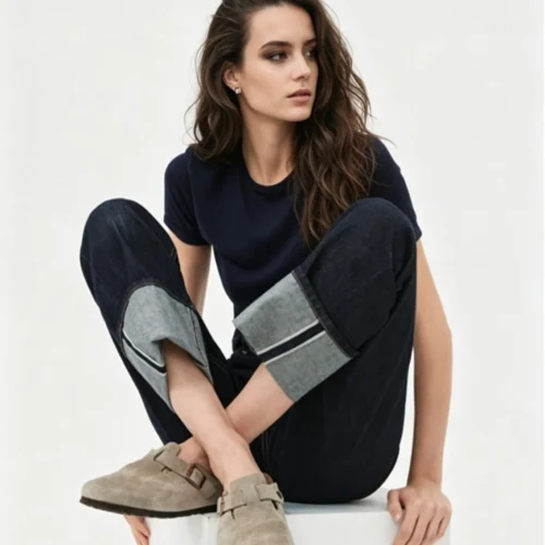Custom Women's Organic Cotton Embroidered Baggy Navy Jeans Custom Women's Organic Cotton Embroidered Baggy Navy Jeans