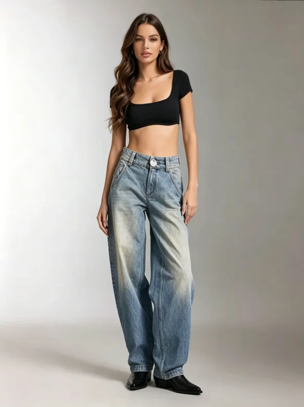 Custom Women's Organic Cotton Distressed Curved Leg Washed Blue Jeans