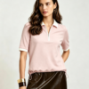 Custom Women's Organic Pique Cotton Contrast Color Half Zip Pink Polo Shirt