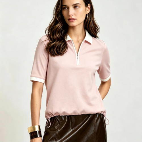 Custom Women's Organic Pique Cotton Contrast Color Half Zip Pink Polo Shirt
