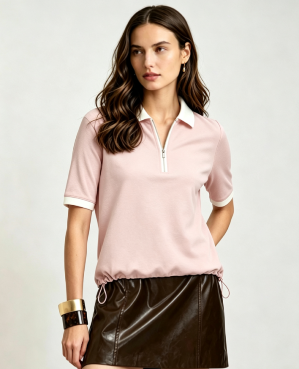 Custom Women's Organic Pique Cotton Contrast Color Half Zip Pink Polo Shirt