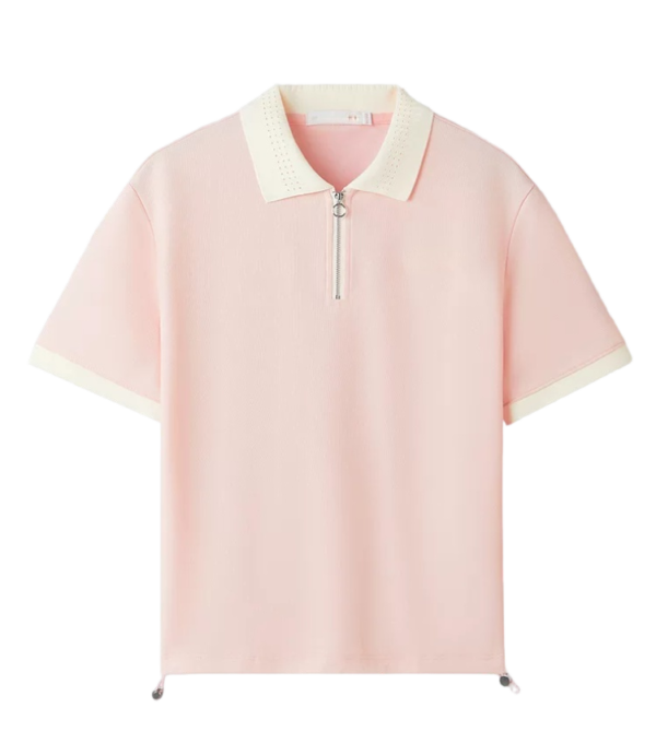 Custom Women's Organic Pique Cotton Contrast Color Half Zip Pink Polo Shirt - view 2