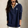 Custom Women's Organic Pique Cotton Contrast Color Long-Sleeve Oversized Navy Polo Shirt