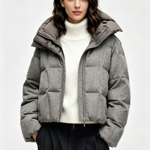 Custom Women's Down Filled Quilted Cropped Heather Grey Puffer Jacket
