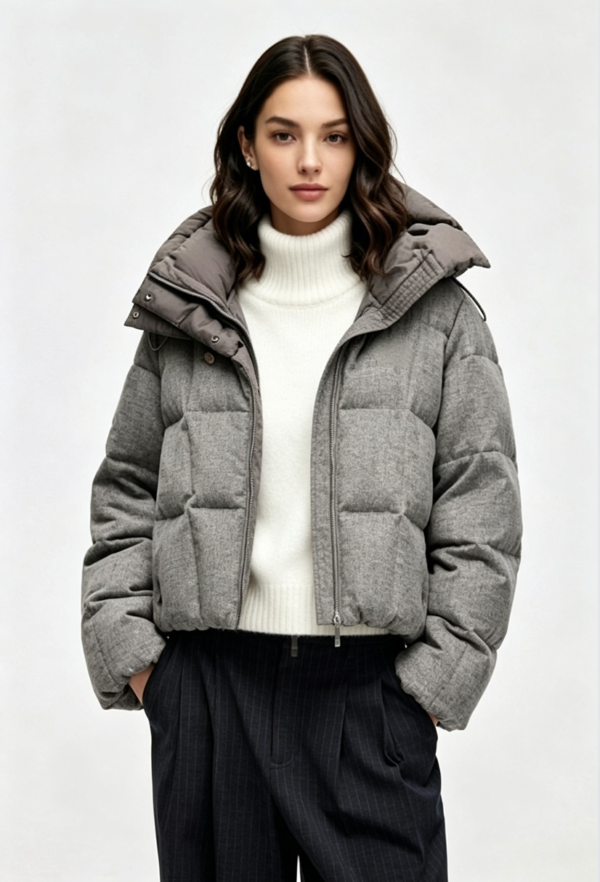 Custom Women's Down Filled Quilted Cropped Heather Grey Puffer Jacket