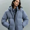 Custom Women's Down Filled Quilted Oversized Washed Blue Puffer Jacket Custom Women's Down Filled Quilted Oversized Washed Blue Puffer Jacket