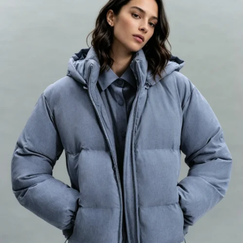 Custom Women's Down Filled Quilted Oversized Washed Blue Puffer Jacket