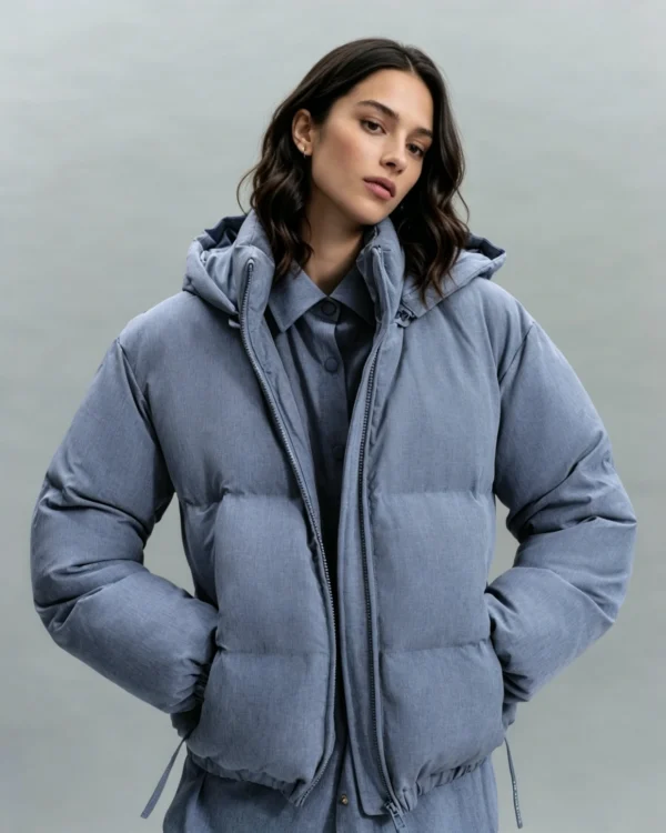Custom Women's Down Filled Quilted Oversized Washed Blue Puffer Jacket Custom Women's Down Filled Quilted Oversized Washed Blue Puffer Jacket