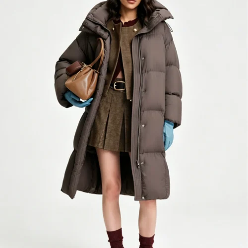 Custom Women's Down Filled Quilted Oversized Brown Puffer Jacket
