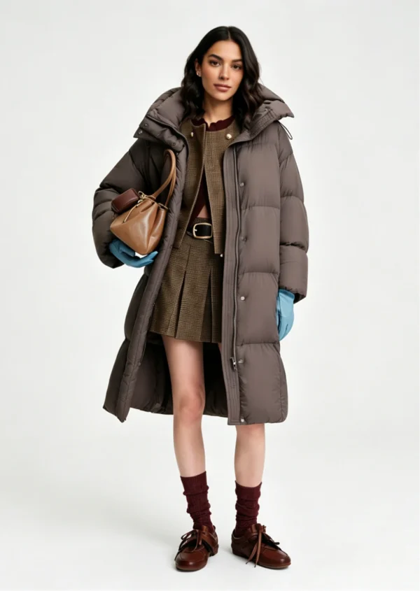 Custom Women's Down Filled Quilted Oversized Brown Puffer Jacket