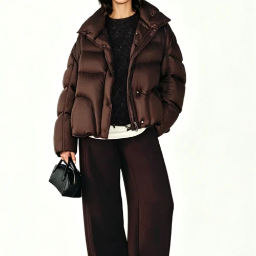 Custom Women's Down Filled Quilted Cropped Brown Puffer Jacket